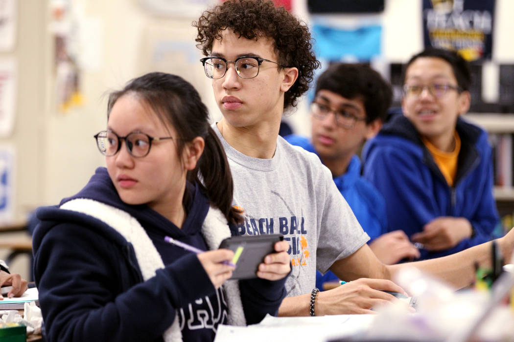 Students in Cassie Arquette's AP Calculus BC class, from left, Yuhuan Lin, Ian Alexander, Krish Parikh and Vincent Tang at Clark High School in Las Vegas Tuesday, Feb. 20, 2018. K.M. Cannon Las Ve ...