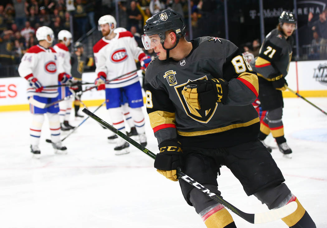 Golden Knights defenseman Nate Schmidt (88) after scoring against the Montreal Canadiens during the third period of an NHL hockey game at T-Mobile Arena in Las Vegas on Saturday, Feb. 17, 2018. Ch ...