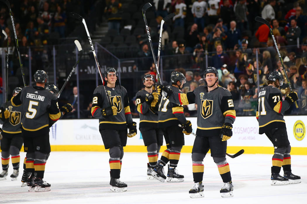 Golden Knights players celebrate their 6-3 win over the Montreal Canadiens after an NHL during an NHL hockey game at T-Mobile Arena in Las Vegas on Saturday, Feb. 17, 2018. Chase Stevens Las Vegas ...