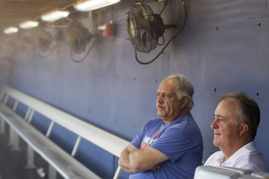 Las Vegas 51s manager Wally Backman, left, and president Don Logan sit at the team dugout before the start of the last home game of the season on Saturday, Aug. 27, 2016, in Las Vegas. Erik Verduz ...