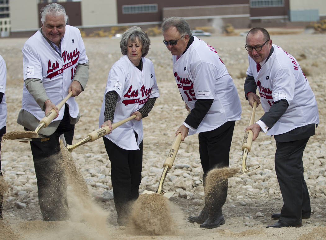 Clark County Commissioner's Steve Sisolak, from left, Susan Brager, Las Vegas 51s president Don Logan, and Las Vegas Convention and Visitors Authority president Rossi Ralenkotter, shovel soil duri ...