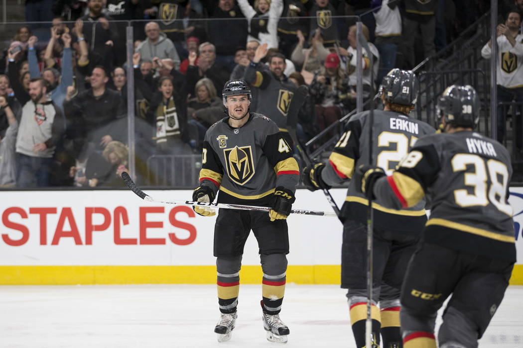 Vegas Golden Knights center Ryan Carpenter (40) reacts after scoring during the first period against Calgary Flames during the first period of an NHL game at T-Mobile Arena in Las Vegas, Wednesda ...