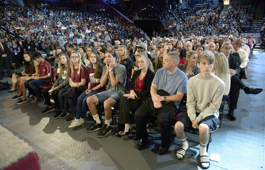Marjory Stoneman Douglas High School students and parents wait for a CNN town hall broadcast to begin, Wednesday, Feb. 21, 2018, at the BB&T Center, in Sunrise, Fla. (Michael Laughlin/South Fl ...