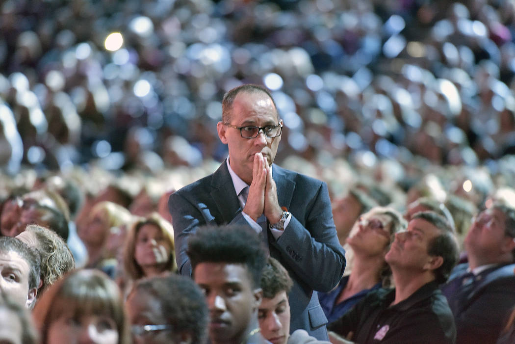 Parent Fred Guttenberg watches a monitor honoring the 17 students and teachers who were killed at Marjory Douglas Stoneman High School, during a CNN "Stand Up" town hall meeting, ...