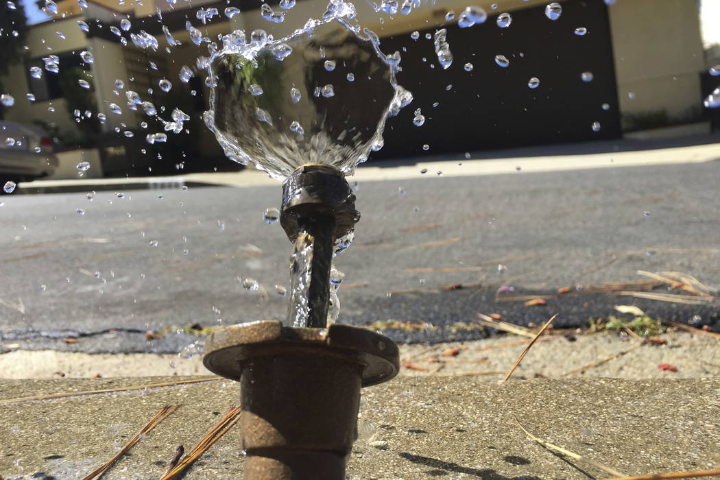 Water runs off from a sprinkler in Mount Olympus, a neighborhood in the Hollywood Hills area of Los Angeles, in 2015. (AP Photo/Damian Dovarganes, File)
