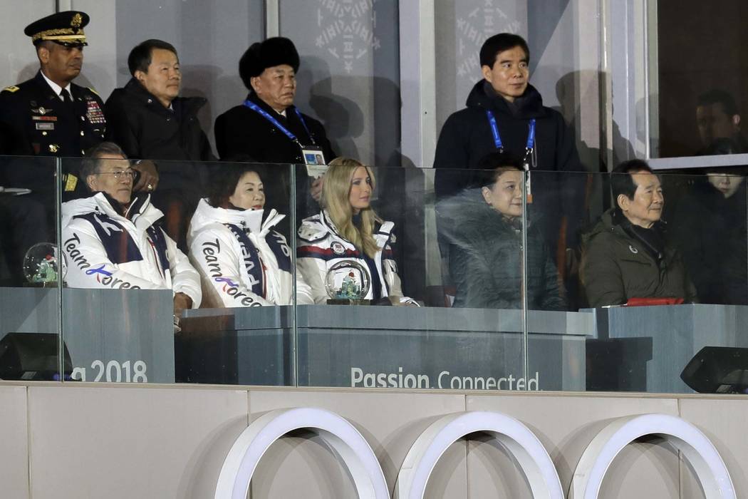 From front row left, South Korean President Moon Jae-in, his wife, Kim Jung-sook, and Ivanka Trump, U.S. President Donald Trump's daughter, watch the closing ceremony of the 2018 Winter Olympics a ...