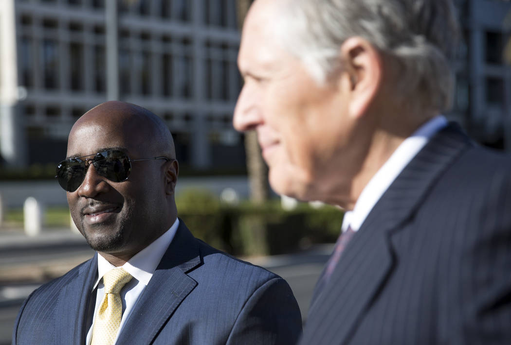 Former Las Vegas City Councilman Ricki Barlow, left, and attorney Richard Wright leave the Lloyd D George Courthouse in downtown Las Vegas on Monday, Feb. 26, 2018. Richard Brian Las Vegas Review- ...
