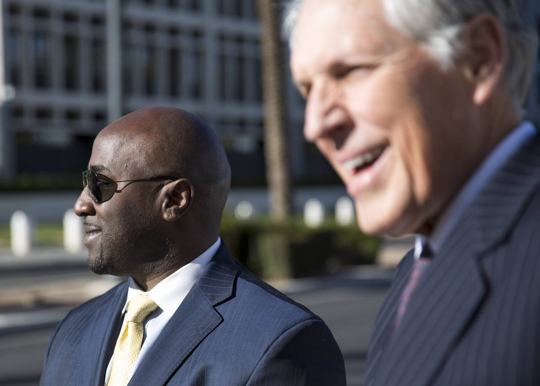 Former Las Vegas City Councilman Ricki Barlow, left, and attorney Richard Wright leave the Lloyd D George Courthouse in downtown Las Vegas on Monday, Feb. 26, 2018. Richard Brian Las Vegas Review- ...