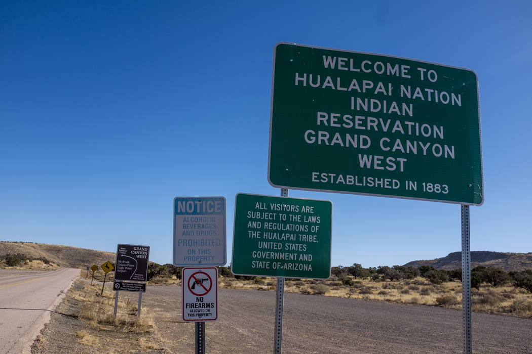 Signs to the entrance of Grand Canyon West and the Hualapai Nation Indian Reservation in Arizona on Sunday, Feb. 11, 2018. (Patrick Connolly Las Vegas Review-Journal) @PConnPie