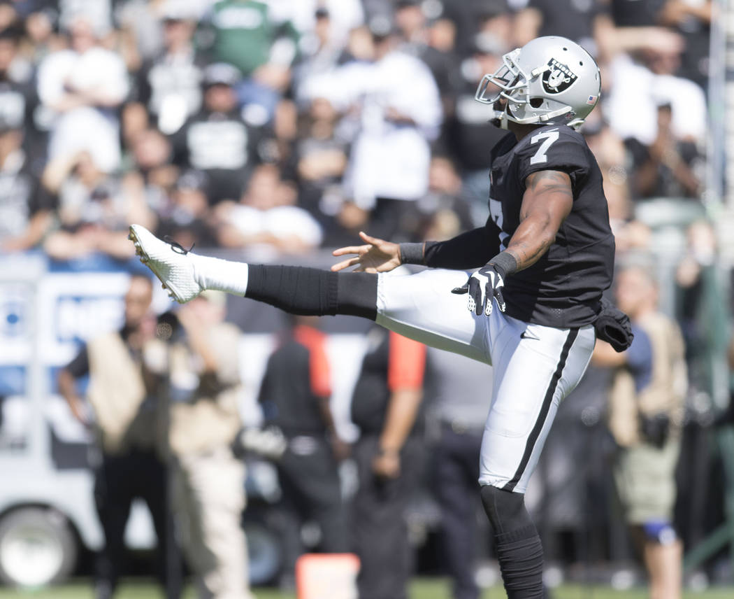 Oakland Raiders punter Marquette King (7) punts the football in the first half of their game against the New York Jets in Oakland, Calif., Sunday, Sept. 17, 2017. Heidi Fang Las Vegas Review-Journ ...