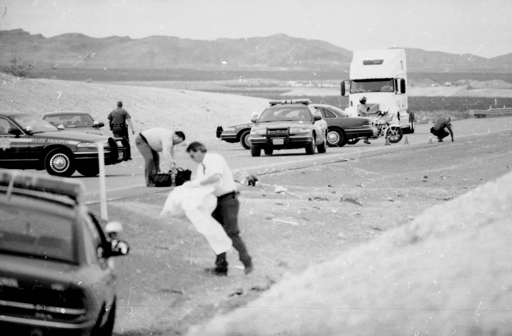 Crash scene where Jessica Williams van ran off the freeway and killed six teens who were cleaning up the I-15 median on March 19, 2000. (Las Vegas Review-Journal, file)