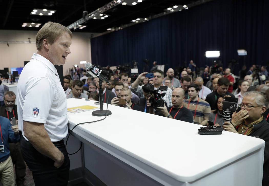 Oakland Raiders head coach Jon Gruden speaks during a press conference at the NFL Combine, Wednesday, Feb. 28, 2018, in Indianapolis. (Darron Cummings/AP)