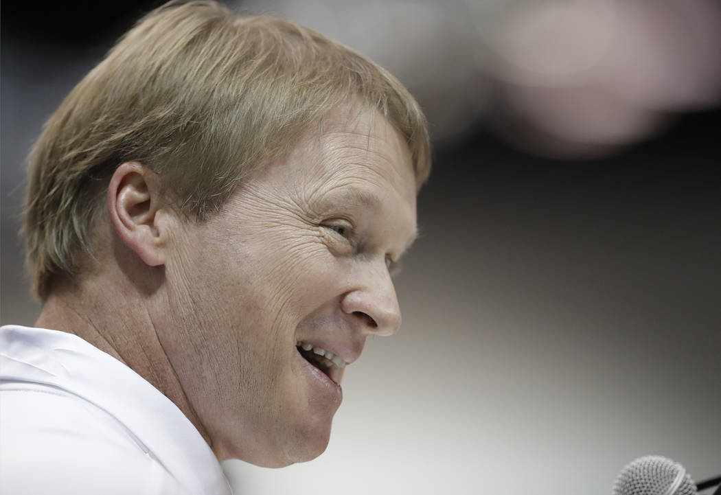 Oakland Raiders head coach Jon Gruden speaks during a press conference at the NFL Combine, Wednesday, Feb. 28, 2018, in Indianapolis. (AP Photo/Darron Cummings)