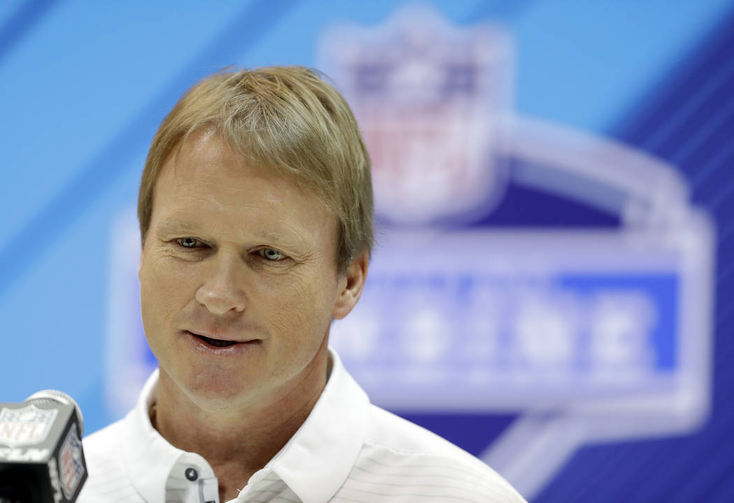 Oakland Raiders head coach Jon Gruden speaks during a press conference at the NFL Combine, Wednesday, Feb. 28, 2018, in Indianapolis. (AP Photo/Darron Cummings)