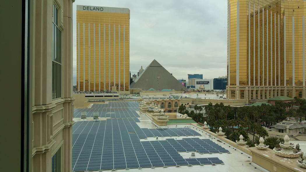 Mandalay Bay Convention Center rooftop solar farm can harvest up to 8.3 Megawatts of power from the sun to provide electricity for 25 percent of the resort's daily usage. (Stan Hanel RJNewHomes.Vegas)