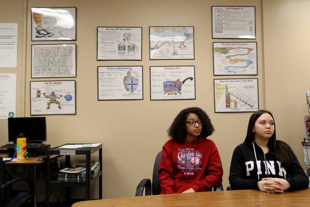 Cheyenne High School junior Miya Burns, 17, left, and junior Alanna Keen, 16, talk about the North Las Vegas school's student-run restorative justice program Wednesday, Feb. 21, 2018. Burns and Ke ...