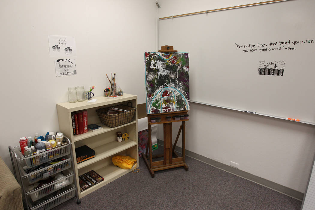The classroom of Behavioral Strategist Jermone Riley of Bonanza High School in Las Vegas is equipped with art supplies Wednesday, Feb. 21, 2018. Riley's position, to proactively address behavioral ...