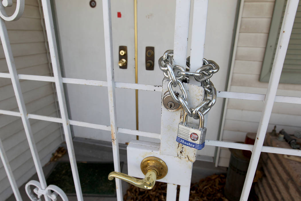 The front door of home at 809 Palmhurst Drive in Las Vegas Thursday, Feb. 22, 2018. After owner Carole Barnish died last August, Shalena Earnheart claimed ownership, sparking a dispute. A neighbor ...