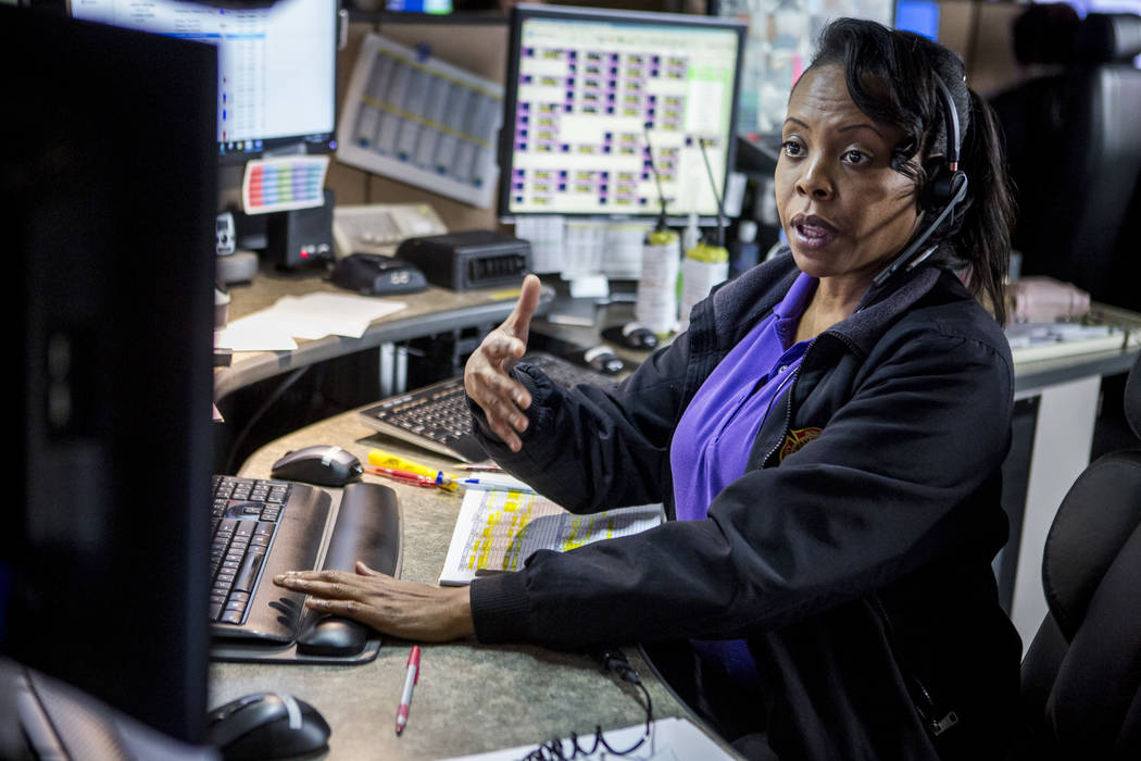 Letha Lofton, fire communications supervisor, talks about the dispatch center's communication with hospitals and the process for taking 911 calls at Fire Station 1 on North Casino Boulevard in Las ...