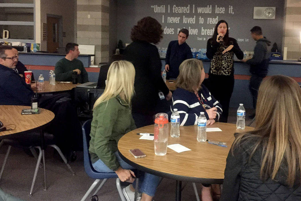 Foothill High School principal Lisa Burkhead welcomes attendees on Wednesday, Feb. 21, 2018, to a meeting at the school in Henderson to create a set of “core values” for all the schools in old ...