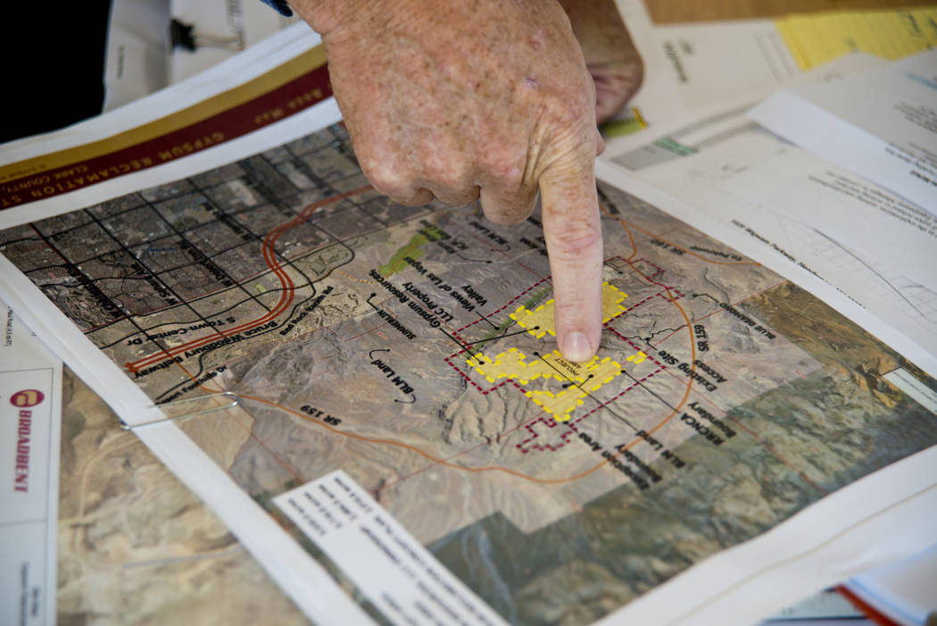 Ron Krater points to the site of a proposed community at the Blue Diamond Hill Gypsum mine near the town of Blue Diamond on Thursday, Aug. 11, 2016. Daniel Clark/Las Vegas Review-Journal Follow @D ...