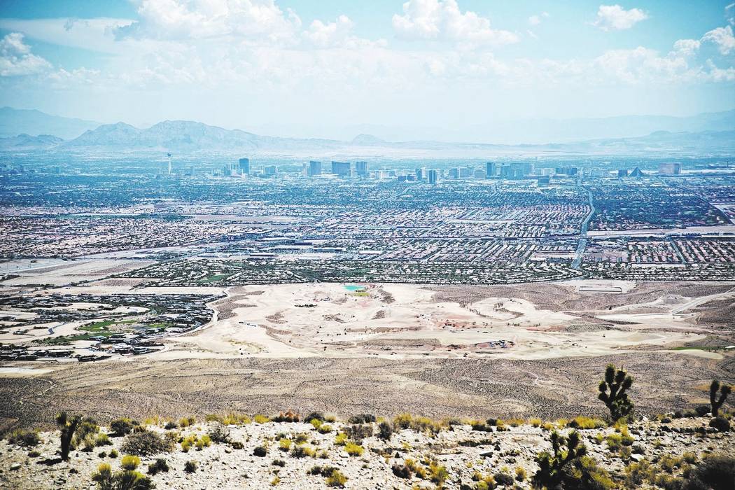 The Las Vegas Strip is visible from the edge of the site of a proposed community at the Blue Diamond Hill Gypsum mine near the town of Blue Diamond on Thursday, Aug. 11, 2016. Daniel Clark/Las Veg ...