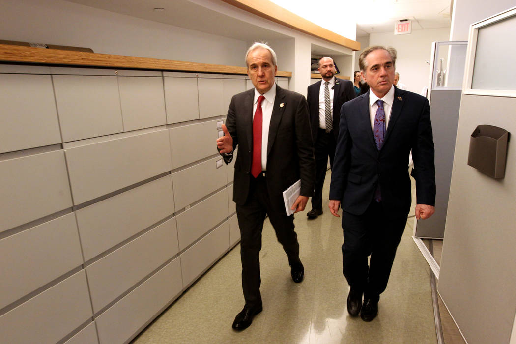 Secretary of Veteran's Affairs David Shulkin, right, gets a tour of the Lou Ruvo Center for Brain Health, Cleveland Clinic from founder Larry Ruvo Friday, March 9, 2018. Shulkin visited the Las Ve ...