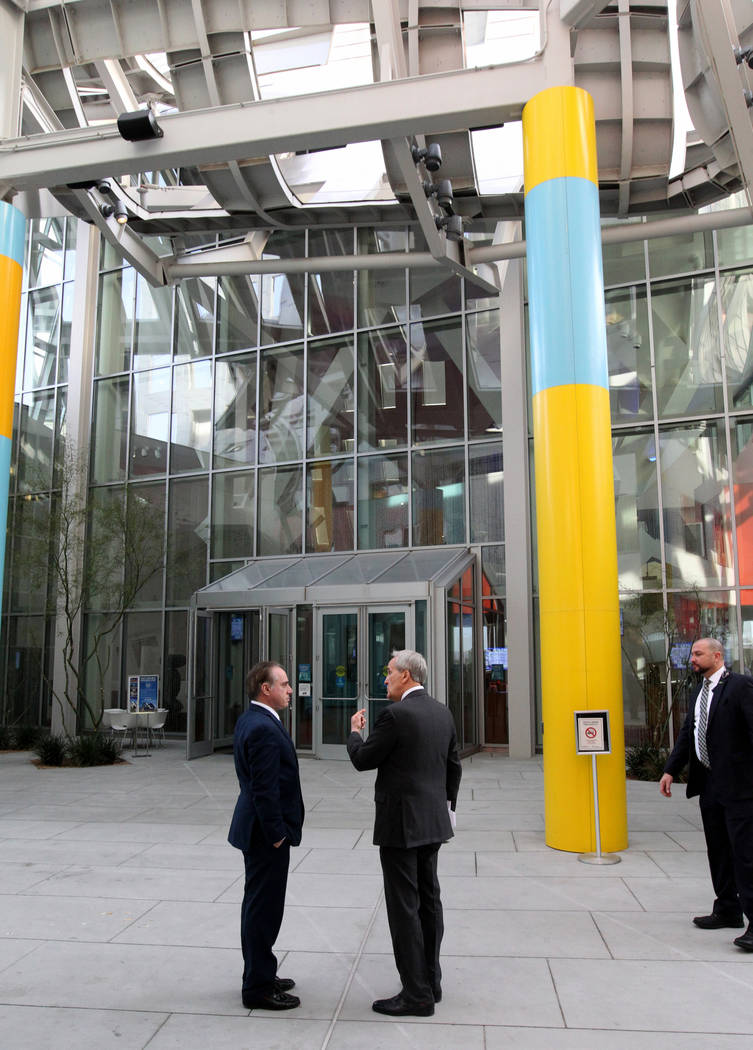 Secretary of Veteran's Affairs David Shulkin, left, gets a tour of the Lou Ruvo Center for Brain Health, Cleveland Clinic from founder Larry Ruvo Friday, March 9, 2018. Shulkin visited the Las Veg ...