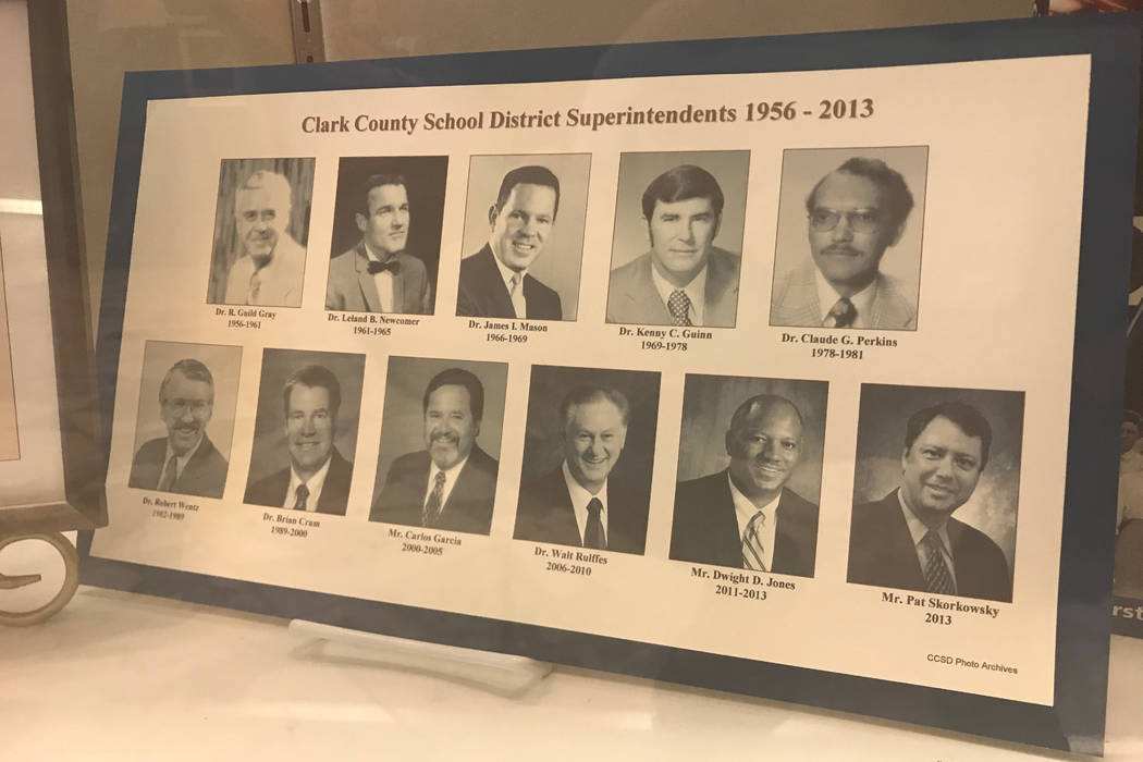 A list of the Clark County School District’s precious superintendents is on display at the district headquarters off of Sahara Avenue. (Amelia Pak-Harvey/Las Vegas Review-Journal)