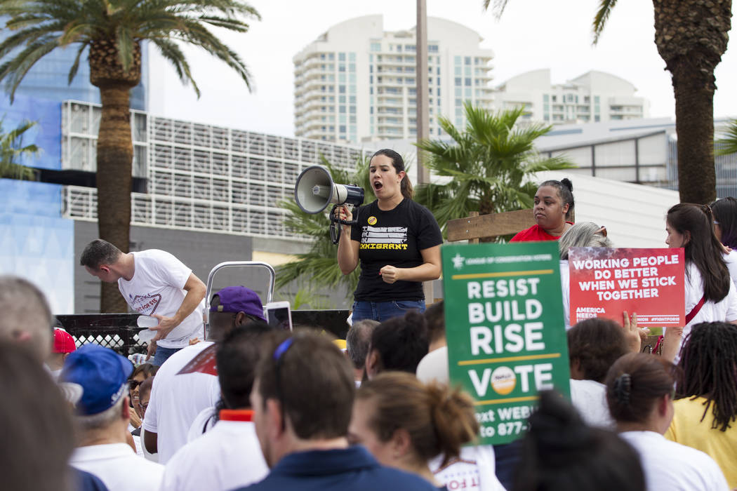 State Sen. Yvanna Cancela rallies the crowd during a Fight for $15 march and rally in front of McDonald's, 2880 Las Vegas Blvd. South, in Las Vegas, on Monday, Sept. 4, 2017. Erik Verduzco Las Veg ...