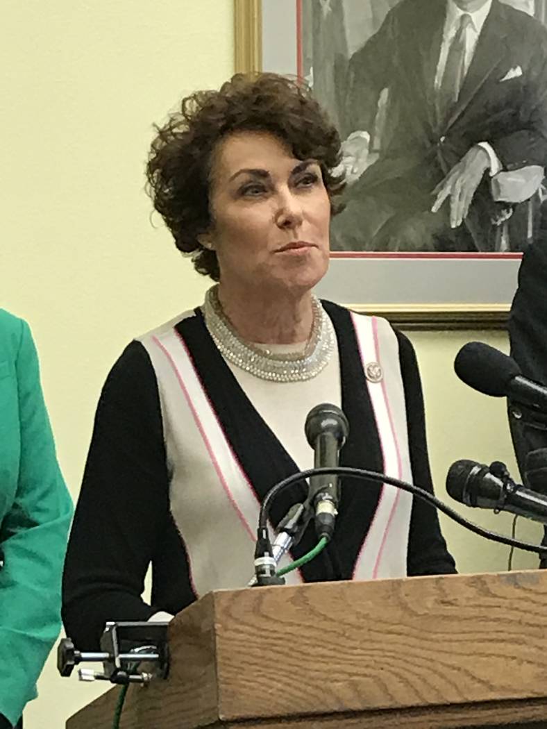 Rep. Jacky Rosen, D-Nev., speaks out against gun violence on Thursday, Aug. 12, 2017, following the Las Vegas Strip shooting. Rosen joined colleagues in seeking a limit on high-capacity ammunition ...