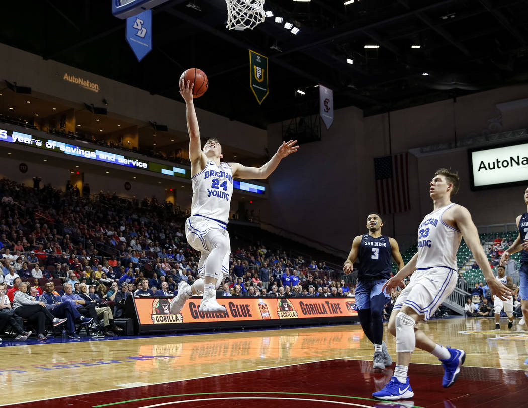 Brigham Young Cougars guard McKay Cannon (24) makes a layup during the West Coast Conference Basketball Tournament quarterfinals at the Orleans Arena in Las Vegas on Saturday, March 3, 2018. Rich ...