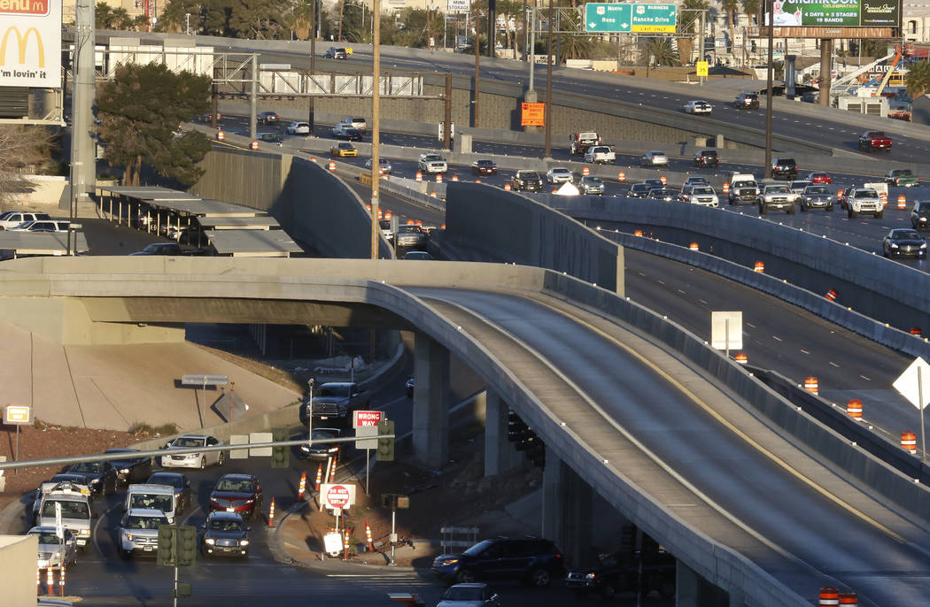 Smooth traffic flow is seen on U.S. Highway 95 South as motorists use the Martin Luther King Boulevard exit during an initial round of ramp and lane closures around the Spaghetti Bowl interchange  ...