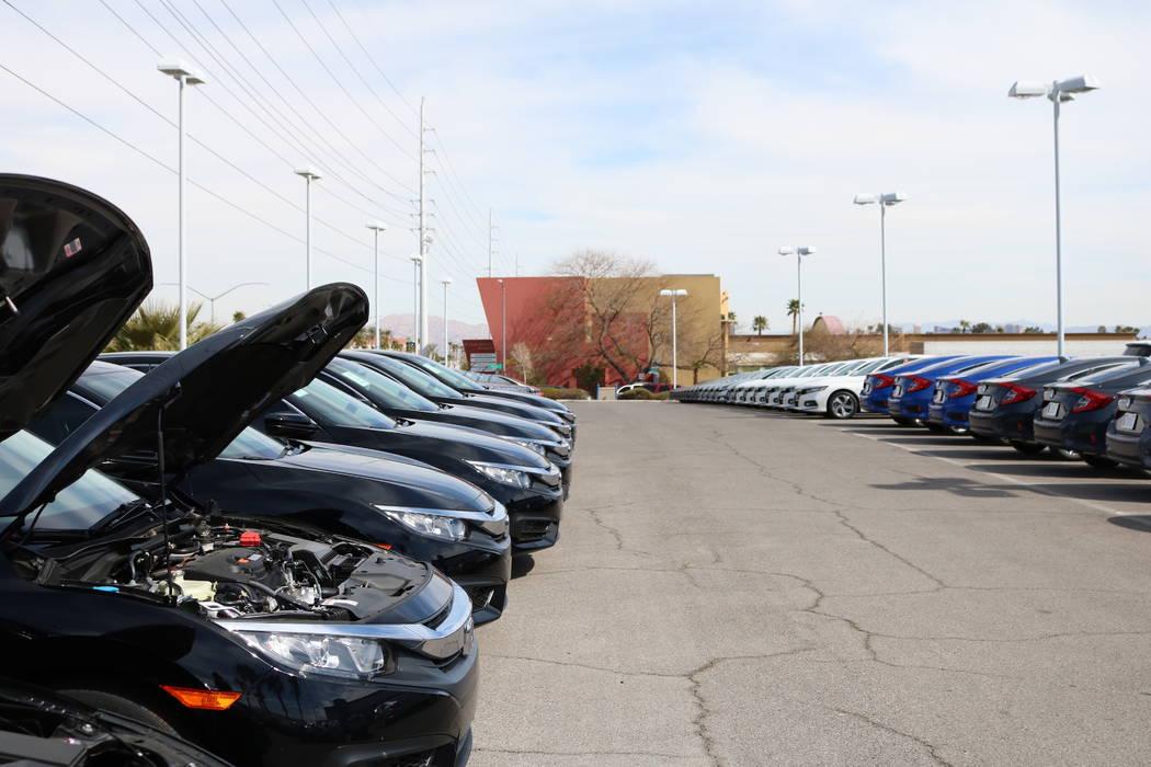 Cars for sale at Honda West dealership, 7615 W. Sahara Ave., in Las Vegas Thursday, March 8, 2018. Cox Enterprises is testing new time-saving tools to cut time out of the purchase process at 24 La ...