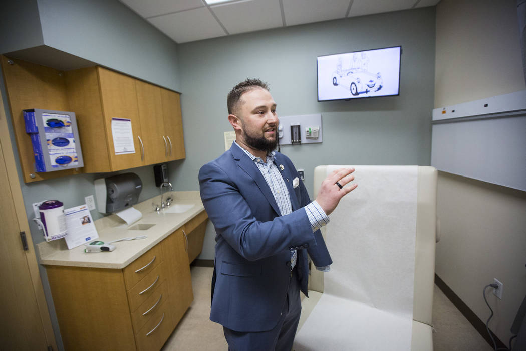 Chris Singer, vice president of Patient Experience at OptumCare, which oversees Southwest Medical, talks about the setup of the exam rooms at the Oakey Healthcare Center in Las Vegas on Wednesday, ...