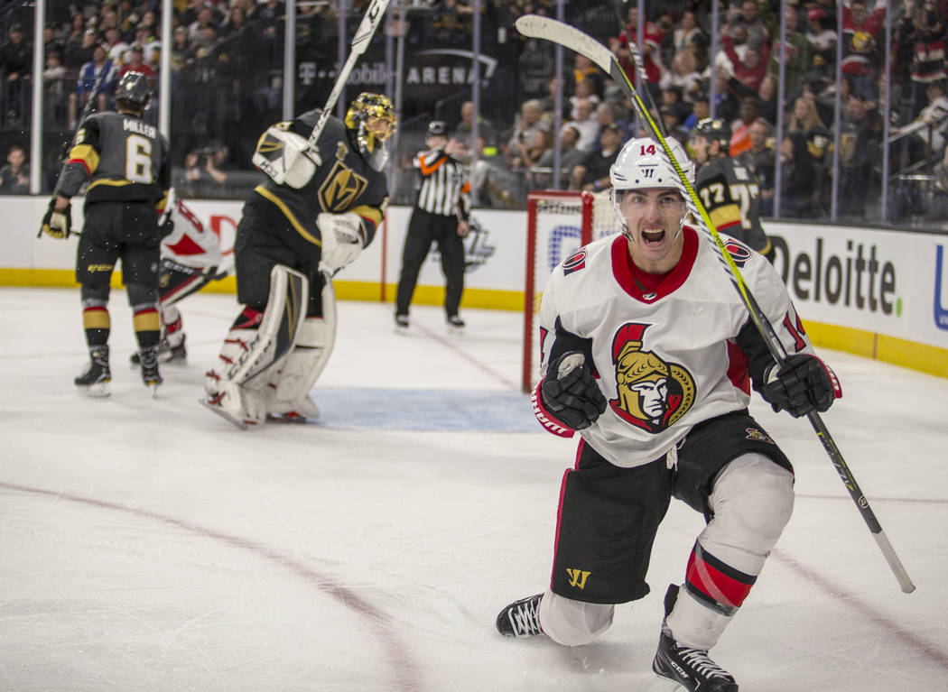 Ottawa Senators right wing Alexandre Burrows (14) celebrates his goal against Vegas Golden Knights goaltender Marc-Andre Fleury late in the third period of an NHL hockey game Friday, March 2, 2018 ...
