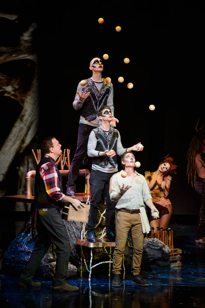 Penn Jillette, left, is shown in a scene from "One Night For One Drop" on Friday, March 2, 2018. (Brenton Ho)