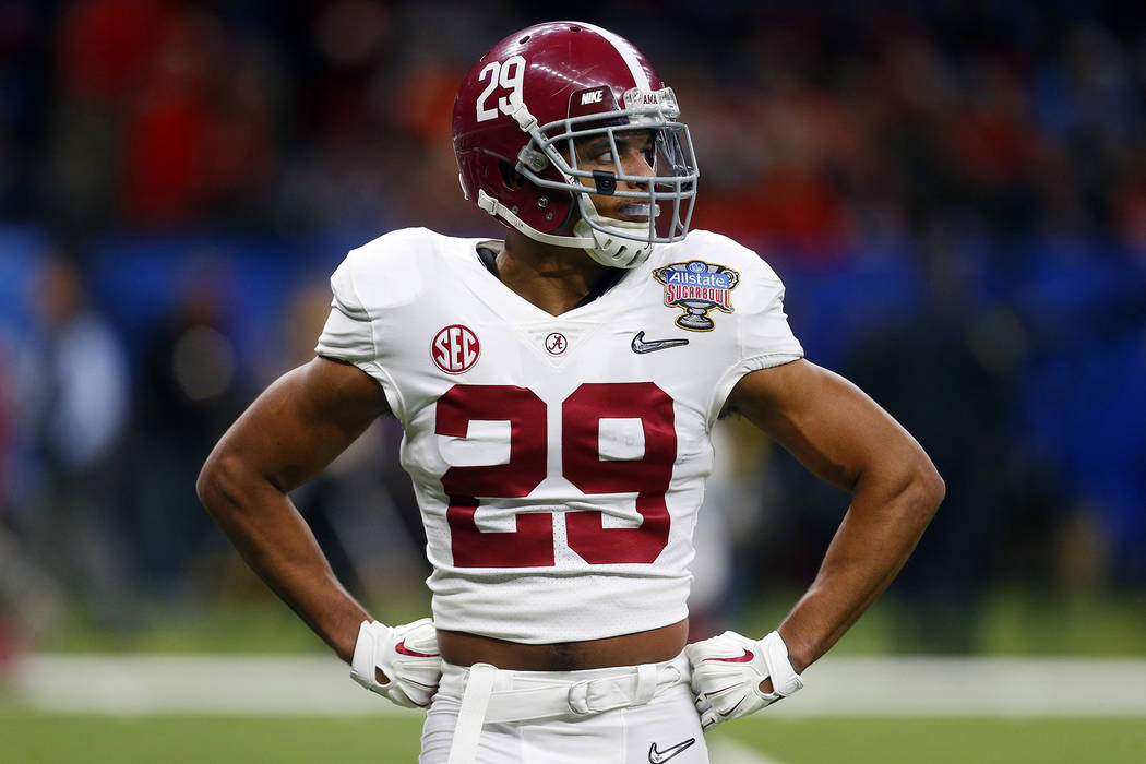 FILE- In this Monday, Jan. 1, 2018, file photo, Alabama defensive back Minkah Fitzpatrick (29) warms up before the Sugar Bowl NCAA college football game against Clemson in New Orleans. Georgia's q ...