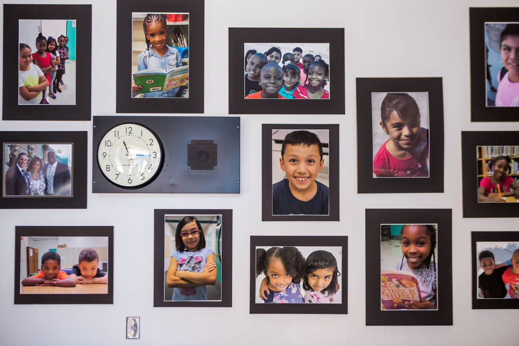 Faces of smiling students in photos in the front office of H. P. Fitzgerald Elementary School in North Las Vegas on Tuesday, March 6, 2018. Patrick Connolly Las Vegas Review-Journal @PConnPie