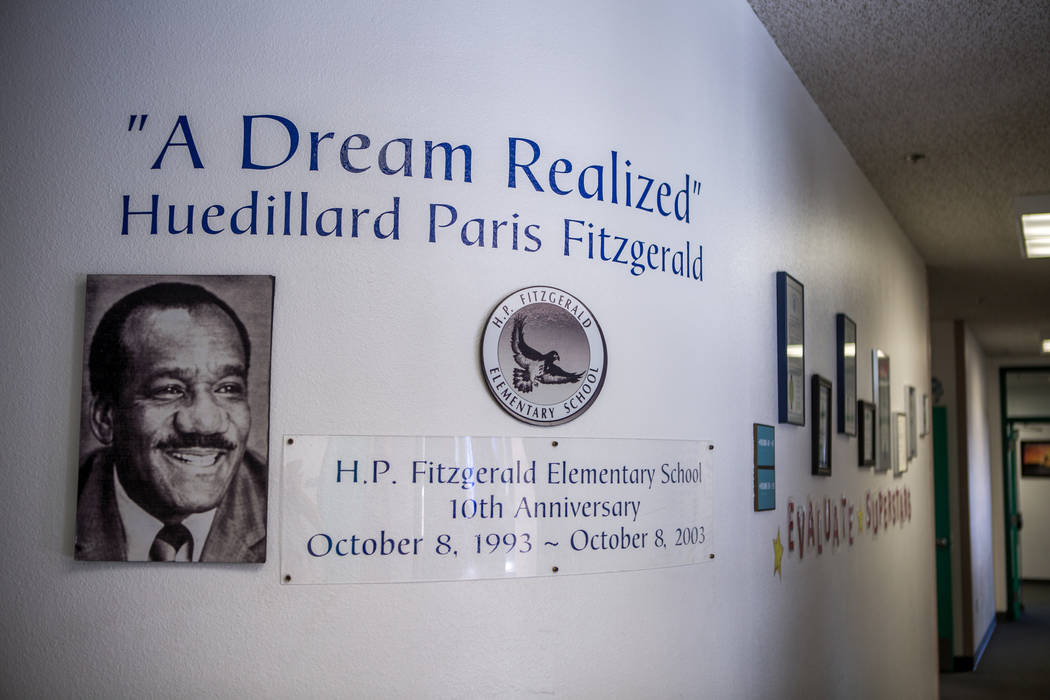 A portrait of Huedillard Paris ÒH.P.Ó Fitzgerald, the first black principal in Nevada, hangs in the office of H. P. Fitzgerald Elementary School in North Las Vegas on Tuesday, March 6, 2 ...