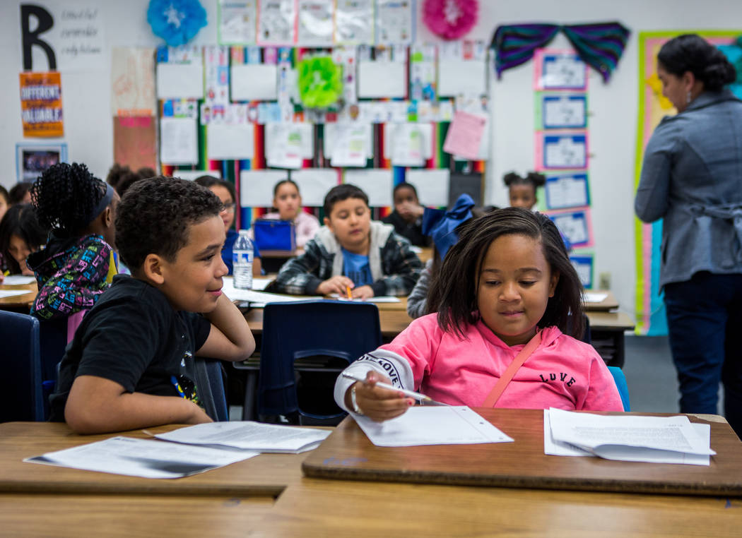 Jaysean Walker, left, and Brashiya Briskey in Ms. Garcia's fourth grade class at H. P. Fitzgerald Elementary School in North Las Vegas on Tuesday, March 6, 2018. Patrick Connolly Las Vegas Review ...