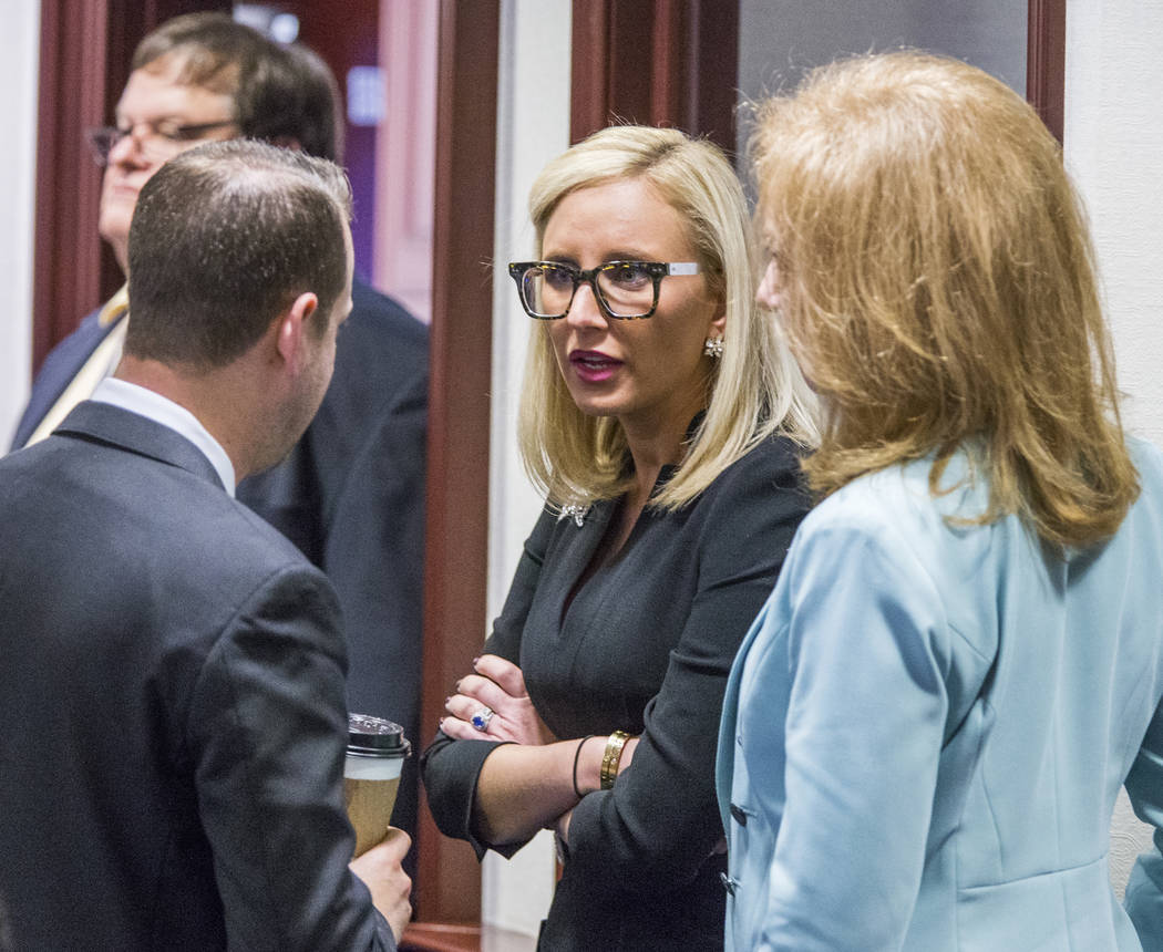 Florida Sen. Lauren Book (D-Plantation), center, speaks with Rep. Jared Even Moskowitz (D-Coral Springs), left, and Rep. Kristin Diane Jacobs (D-Coconut Creek) on the House floor during questionin ...