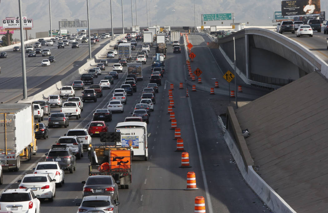 Traffic backs up in the northbound lanes of Interstate 15, near Sahara Avenue exit, in Las Vegas on Thursday, March 8, 2018, as the “Main Event,” the $1 billion reconfiguration of the Spaghett ...