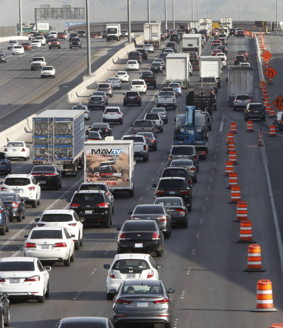 Traffic backs up in the northbound lanes of Interstate 15, near Sahara Avenue exit in Las Vega,s on Thursday, March 8, 2018, as the “Main Event,” the $1 billion reconfiguration of the Spaghett ...