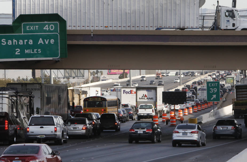 Traffic backs up in the northbound lanes of Interstate 15, near Sahara Avenue exit, in Las Vegas on Thursday, March 8, 2018, as the “Main Event,” the $1 billion reconfiguration of the Spaghett ...
