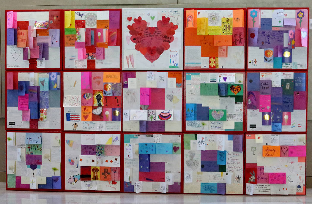 Using many of the thousands of cards letters and hearts sent to Las Vegas after the Oct. 1 shooting, artist J.K. Russ created a modular display. (Michael Quine/Las Vegas Review-Journal) @Vegas88s