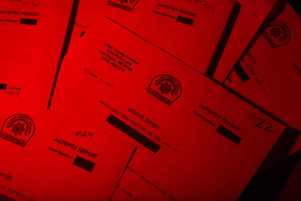 Clark County Medical Coroner autopsy reports shot in the RJ studio in Las Vegas, Friday, March 9, 2018. Patrick Connolly Las Vegas Review-Journal @PConnPie
