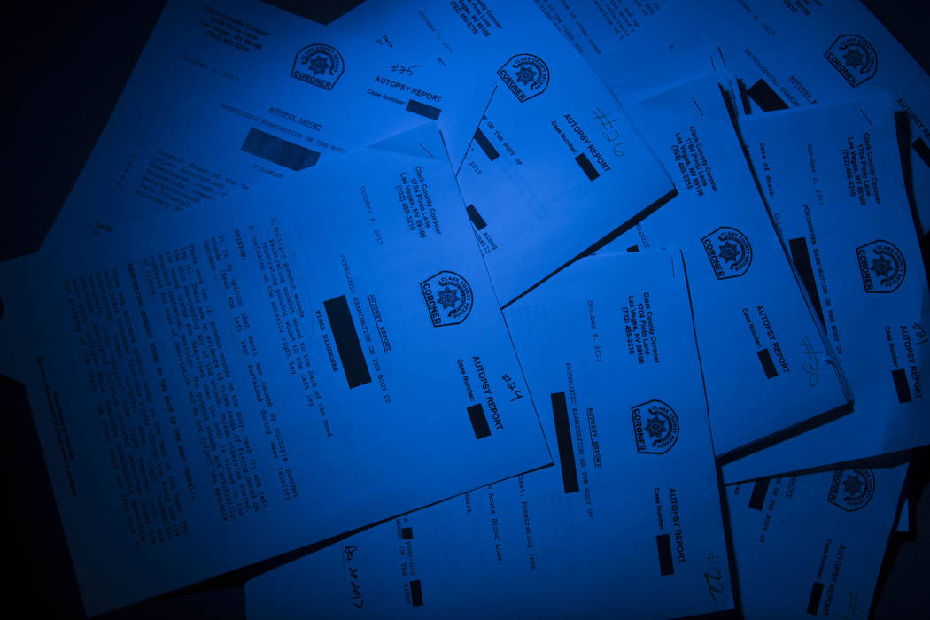 Clark County Medical Coroner autopsy reports shot in the RJ studio in Las Vegas, Friday, March 9, 2018. Patrick Connolly Las Vegas Review-Journal @PConnPie