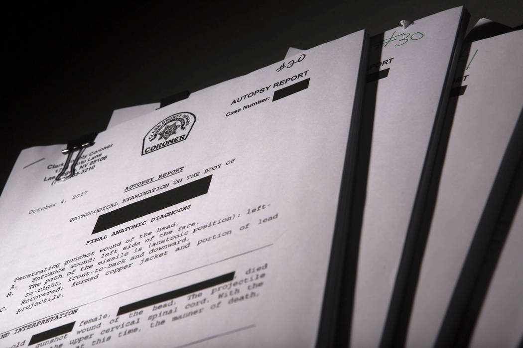 Clark County Medical Coroner autopsy reports shot in the RJ studio in Las Vegas, Friday, March 9, 2018. Patrick Connolly Las Vegas Review-Journal @PConnPie