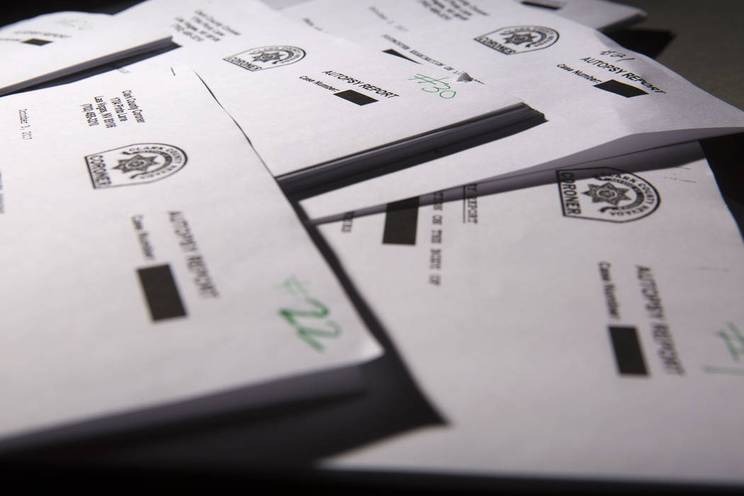 Clark County Medical Coroner autopsy reports shot in the RJ studio in Las Vegas, Friday, March 9, 2018. Patrick Connolly Las Vegas Review-Journal @PConnPie